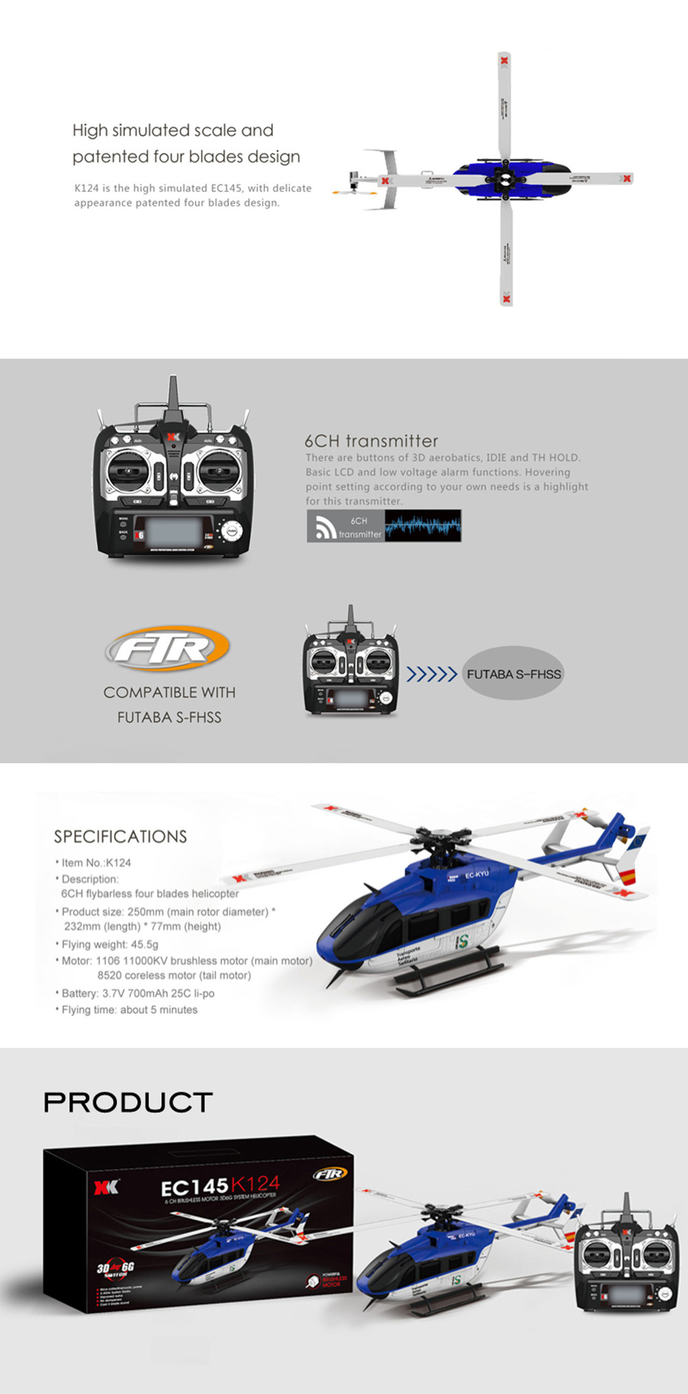 XK-K124-24G-6CH-Brushless-EC145-3D6G-System-RC-Hubschrauber-4PCS-37V-700mAh-Lipo-Batterie-Version-Ko-1987726-2